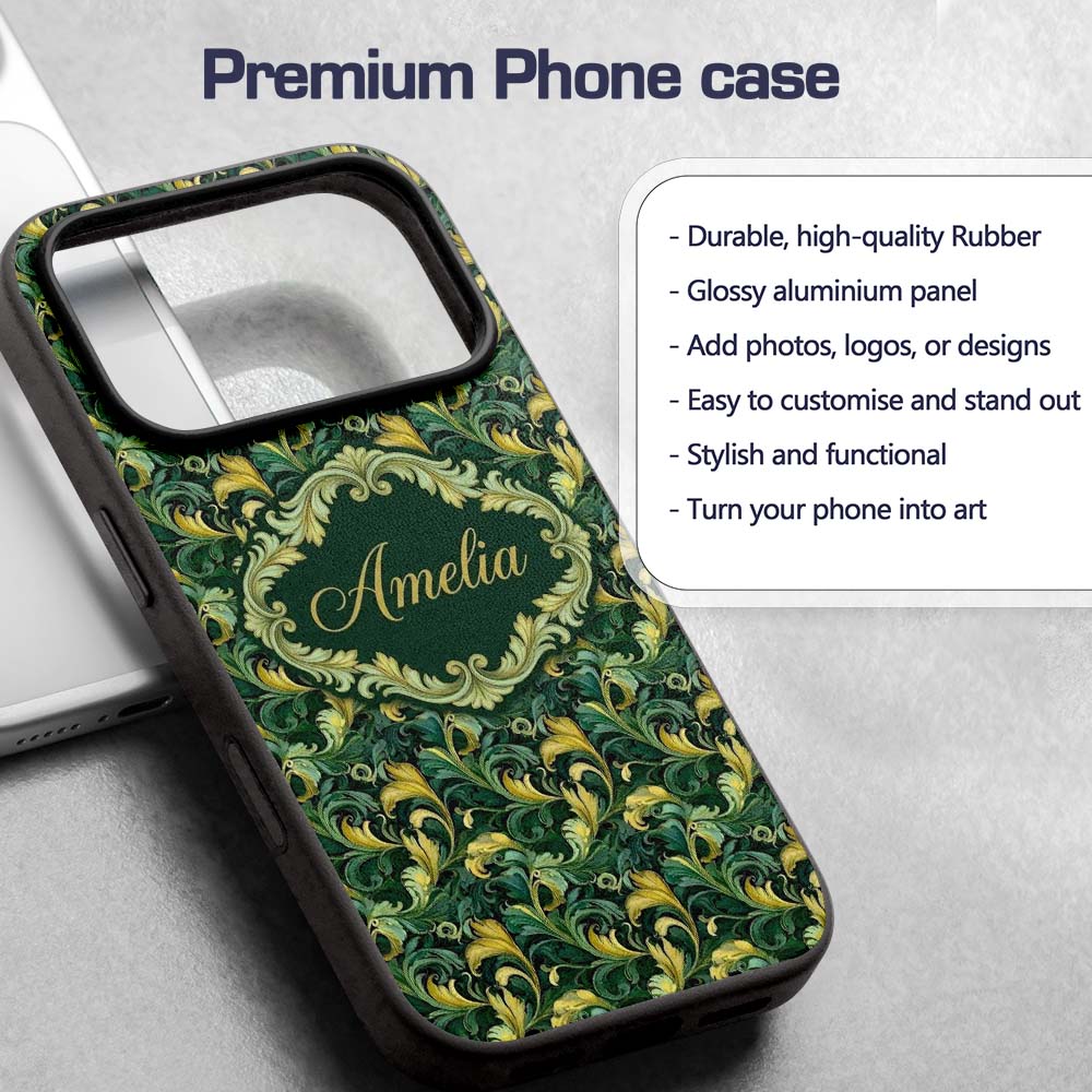 Deep Green Gold Leaf Swirl Seamless Pattern Name Custom Name Protective Phone Case Mobile Cover Durable Everyday Smartphone Shock Resistant