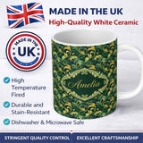 Personalized Custom Name Deep Green Gold Leaf Swirl Seamless Pattern Name Cute Unique Gift 11oz Ceramic Coffee Tea Mug White Large Handle