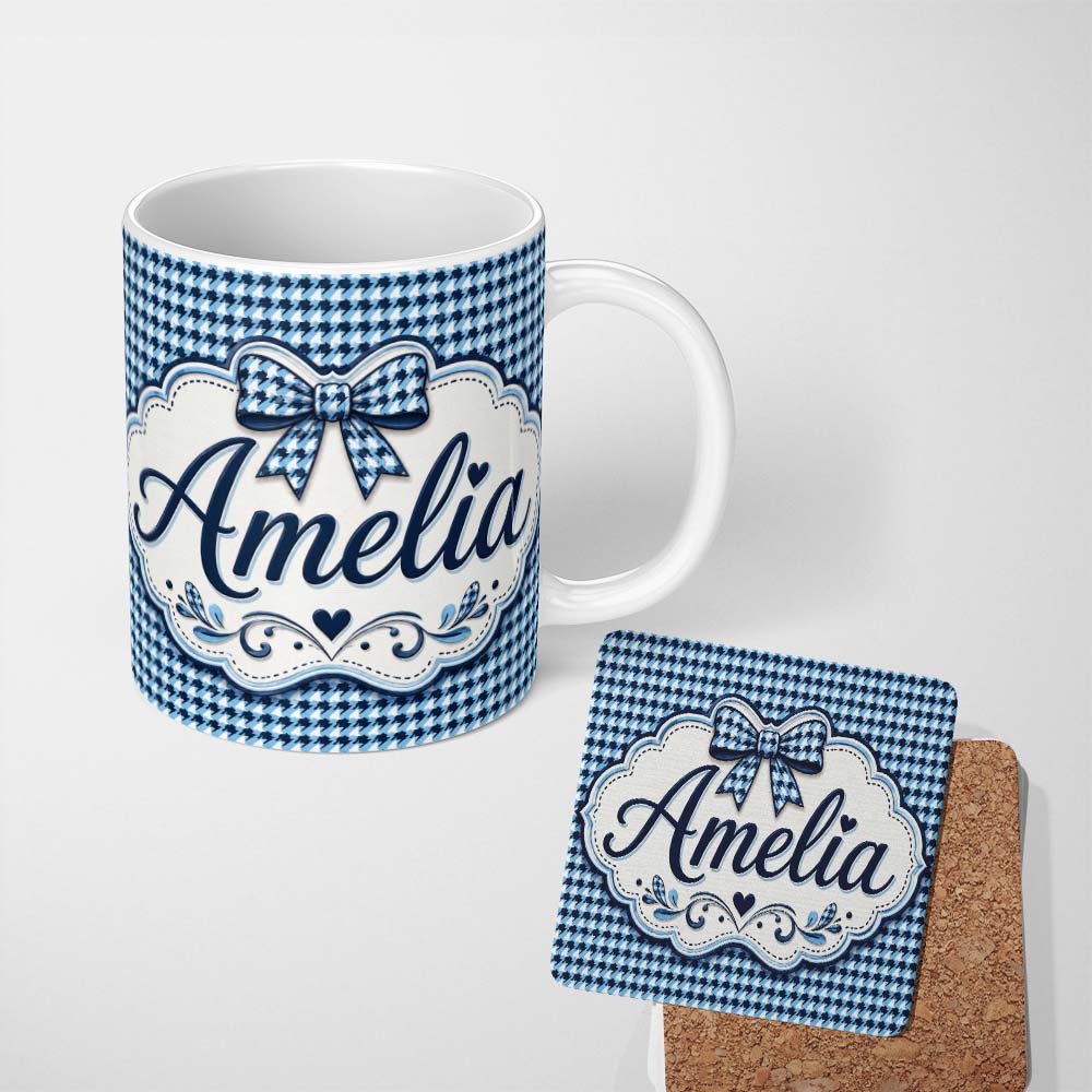 Personalized Custom Name Blue Abstract Geometric Wave Seamless Pattern Custom Name Cute 11oz Ceramic Coffee Tea Mug White Large Handle