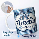 Personalized Custom Name Blue Abstract Geometric Wave Seamless Pattern Custom Name Cute 11oz Ceramic Coffee Tea Mug White Large Handle