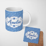 Personalized Custom Name Blue Abstract Brush Stroke Texture Seamless Pattern Name Cute 11oz Ceramic Coffee Tea Mug White Large Handle