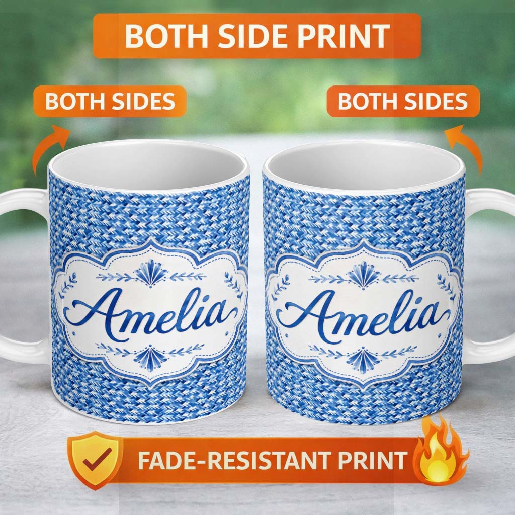 Personalized Custom Name Blue Abstract Brush Stroke Texture Seamless Pattern Name Cute 11oz Ceramic Coffee Tea Mug White Large Handle