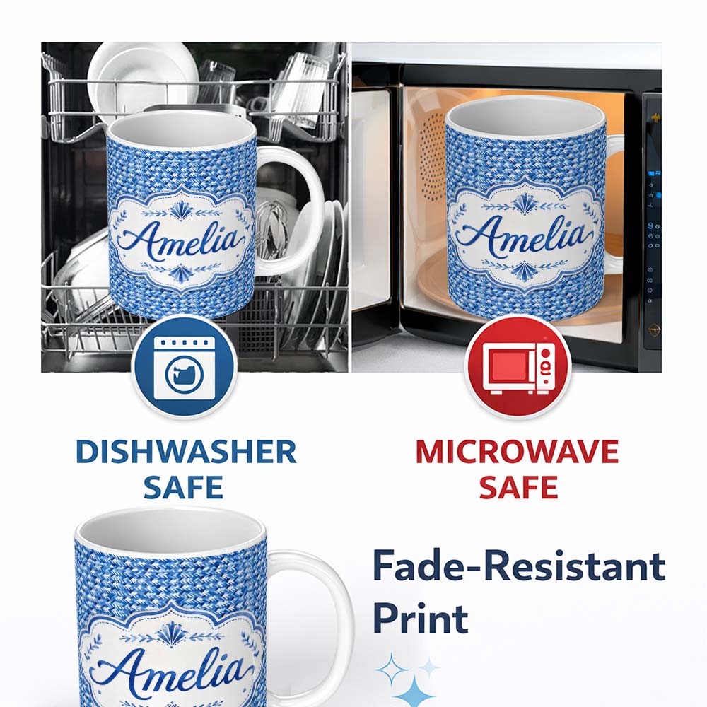 Personalized Custom Name Blue Abstract Brush Stroke Texture Seamless Pattern Name Cute 11oz Ceramic Coffee Tea Mug White Large Handle