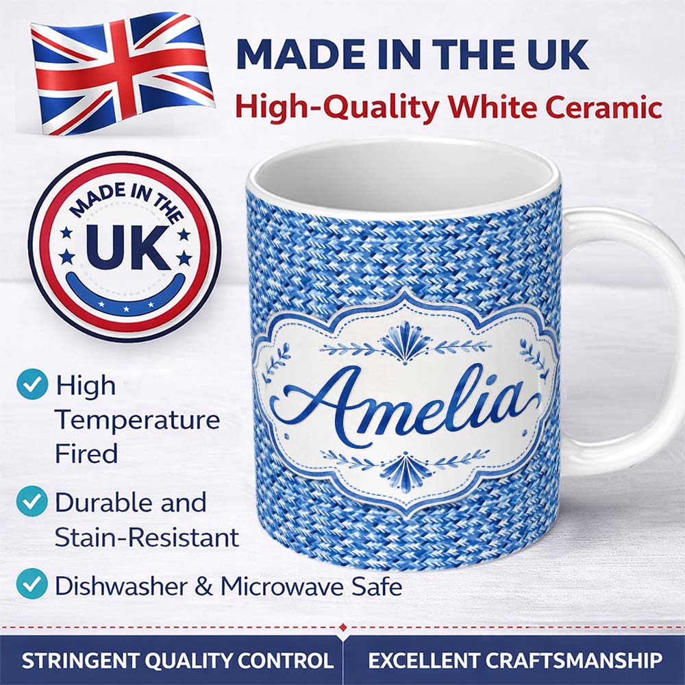 Personalized Custom Name Blue Abstract Brush Stroke Texture Seamless Pattern Name Cute 11oz Ceramic Coffee Tea Mug White Large Handle