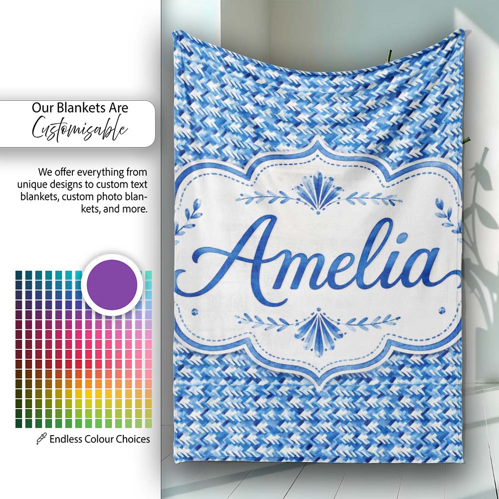Blue Abstract Brush Stroke Texture Seamless Pattern Name Cute  Personalised Custom Name Super Soft Fleece Blanket Bed Sofa Throw