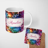 Personalized Custom Name Vibrant Cosmic Bubble Abstract Seamless Pattern Cute Unique Gift 11oz Ceramic Coffee Tea Mug White Large Handle