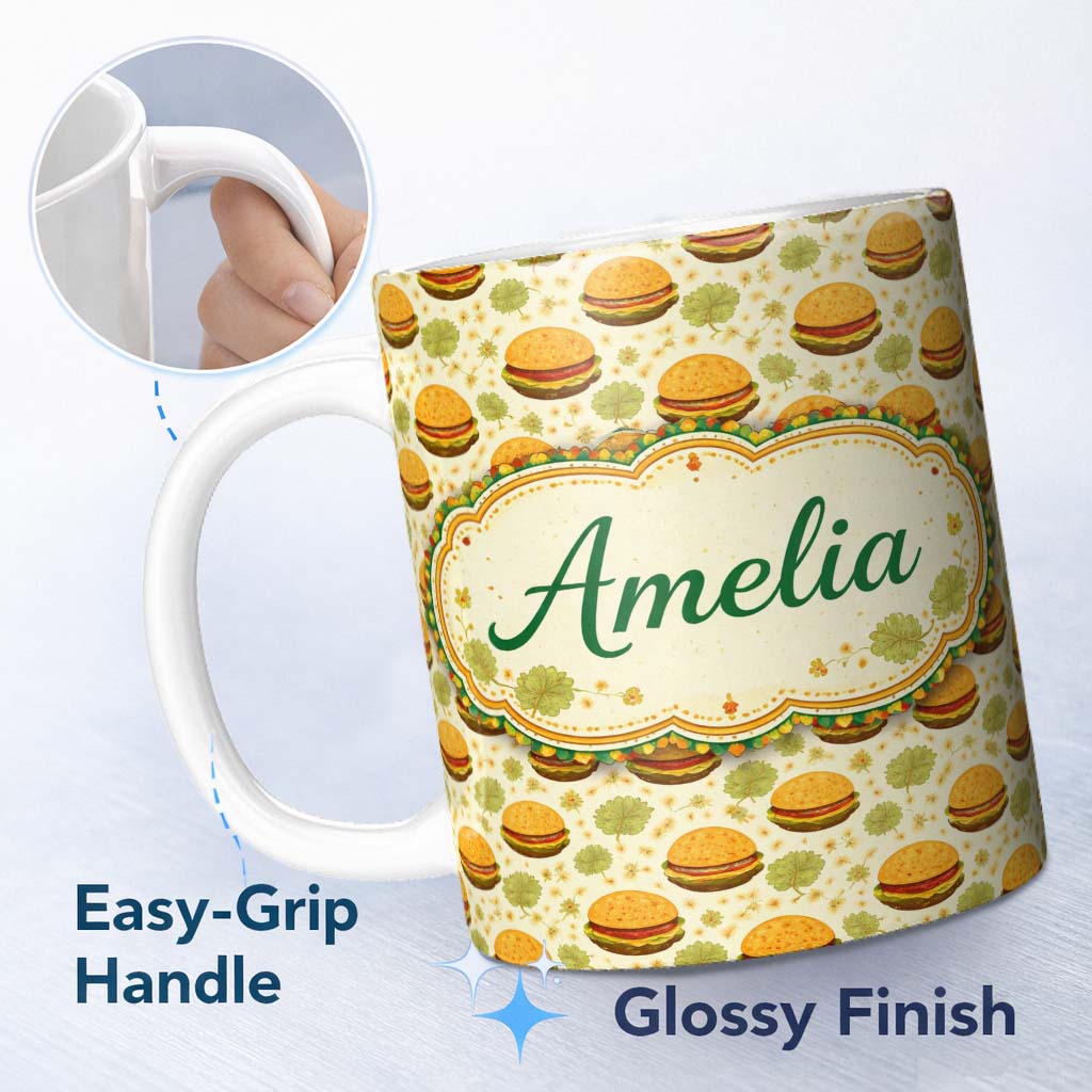 Personalized Custom Name Autumn Burger Leaves Seamless Pattern Beige Background Fast Food 11oz Ceramic Coffee Tea Mug White Large Handle