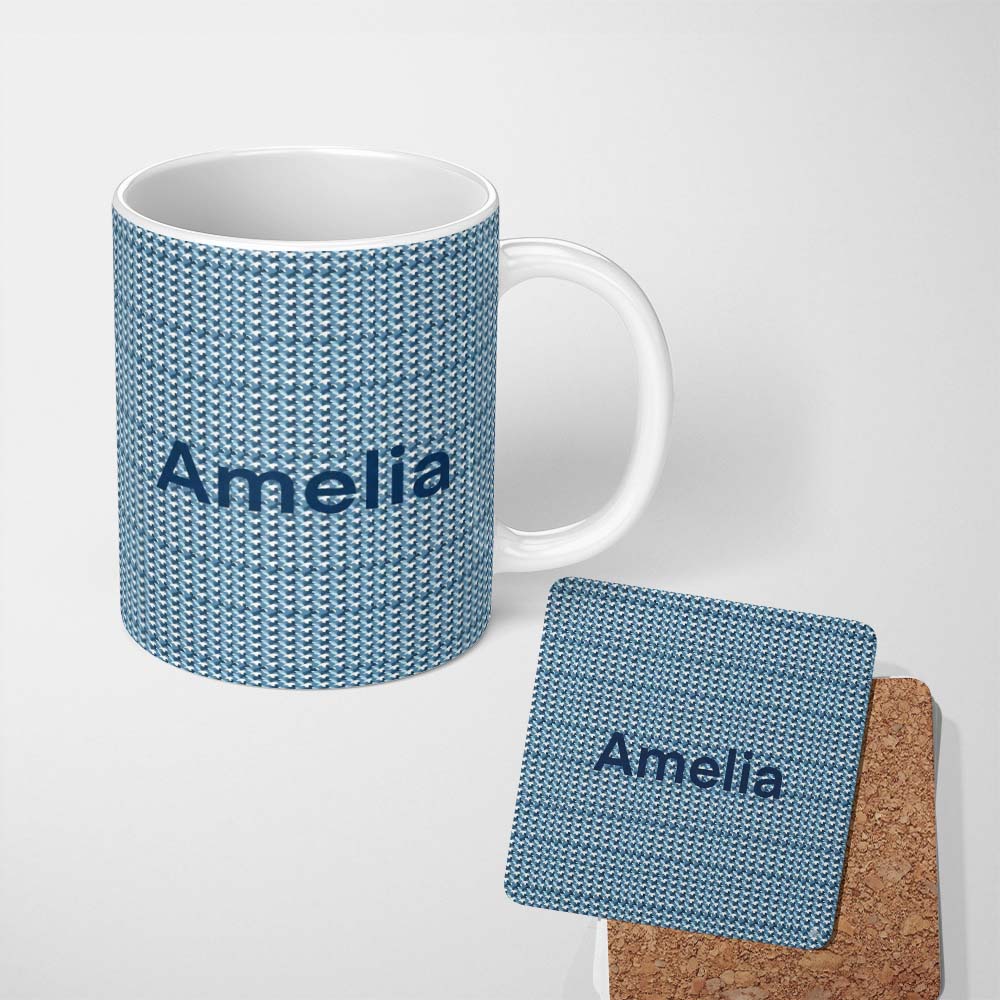 Personalized Custom Name Blue White Mini Geometric Camouflage Seamless Pattern Name Cute 11oz Ceramic Coffee Tea Mug White Large Handle