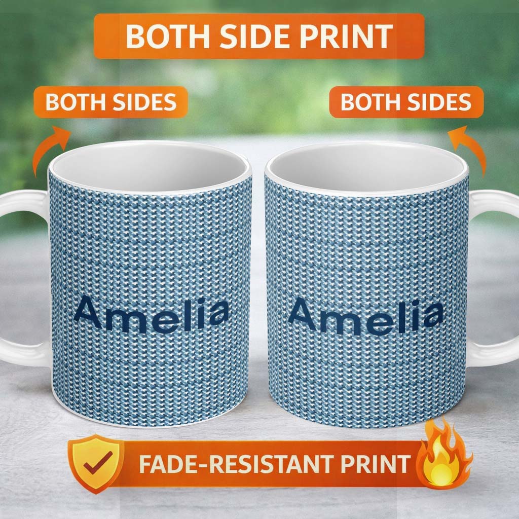 Personalized Custom Name Blue White Mini Geometric Camouflage Seamless Pattern Name Cute 11oz Ceramic Coffee Tea Mug White Large Handle