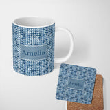 Personalized Custom Name Blue Watercolor Pine Tree Forest Seamless Pattern Name Cute Unique 11oz Ceramic Coffee Tea Mug White Large Handle