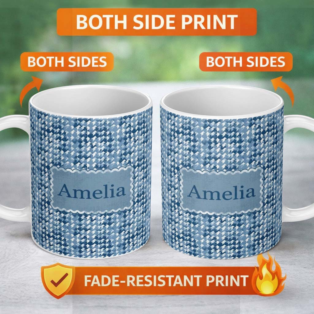 Personalized Custom Name Blue Watercolor Pine Tree Forest Seamless Pattern Name Cute Unique 11oz Ceramic Coffee Tea Mug White Large Handle