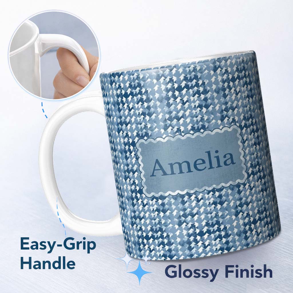 Personalized Custom Name Blue Watercolor Pine Tree Forest Seamless Pattern Name Cute Unique 11oz Ceramic Coffee Tea Mug White Large Handle