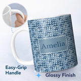 Personalized Custom Name Blue Watercolor Pine Tree Forest Seamless Pattern Name Cute Unique 11oz Ceramic Coffee Tea Mug White Large Handle