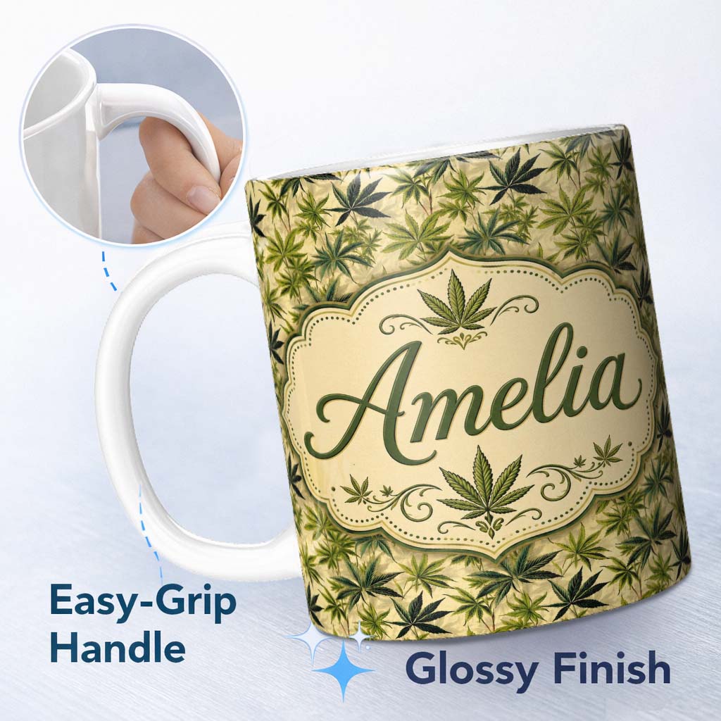 Personalized Custom Name Natural Green Cannabis Leaf Botanical Seamless Pattern Name Cute 11oz Ceramic Coffee Tea Mug White Large Handle