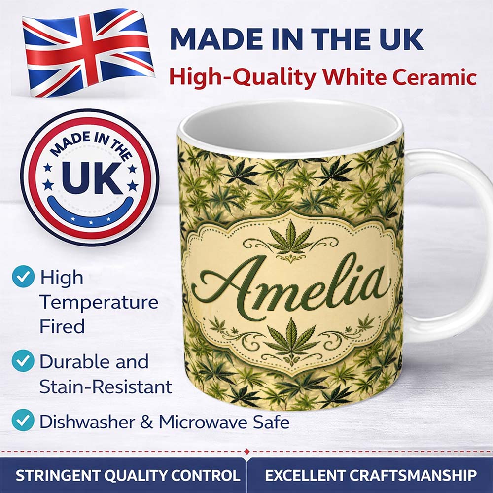 Personalized Custom Name Natural Green Cannabis Leaf Botanical Seamless Pattern Name Cute 11oz Ceramic Coffee Tea Mug White Large Handle