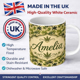 Personalized Custom Name Natural Green Cannabis Leaf Botanical Seamless Pattern Name Cute 11oz Ceramic Coffee Tea Mug White Large Handle