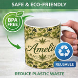 Personalized Custom Name Natural Green Cannabis Leaf Botanical Seamless Pattern Name Cute 11oz Ceramic Coffee Tea Mug White Large Handle