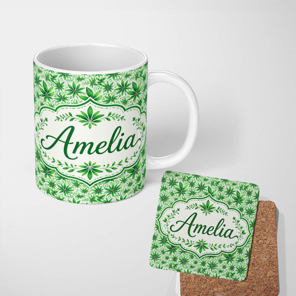 Personalized Custom Name Fresh Green Cannabis Leaf Repeat Seamless Pattern Name Cute Unique 11oz Ceramic Coffee Tea Mug White Large Handle