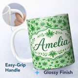 Personalized Custom Name Fresh Green Cannabis Leaf Repeat Seamless Pattern Name Cute Unique 11oz Ceramic Coffee Tea Mug White Large Handle