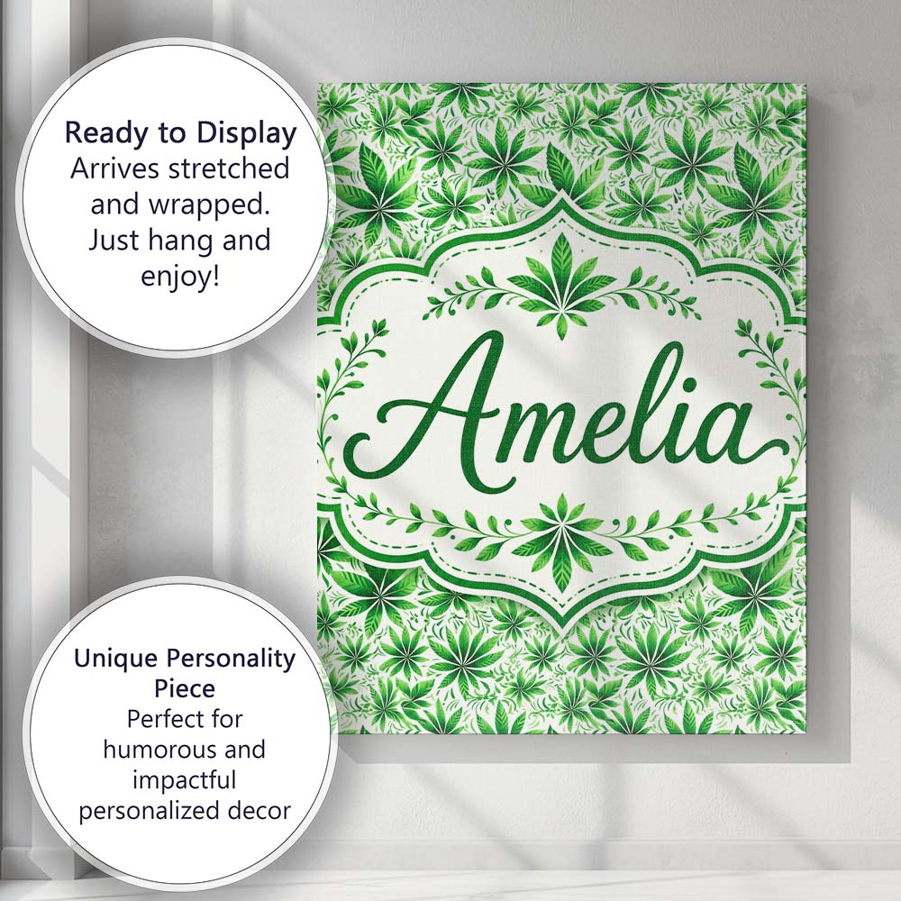 Personalised Name Fresh Green Cannabis Leaf Custom  Bespoke Interior Contemporary Canvas Wall Art Print Decor Picture Ready to Hang