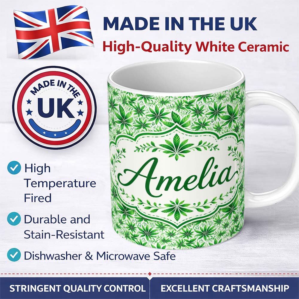 Personalized Custom Name Fresh Green Cannabis Leaf Repeat Seamless Pattern Name Cute Unique 11oz Ceramic Coffee Tea Mug White Large Handle