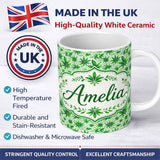 Personalized Custom Name Fresh Green Cannabis Leaf Repeat Seamless Pattern Name Cute Unique 11oz Ceramic Coffee Tea Mug White Large Handle
