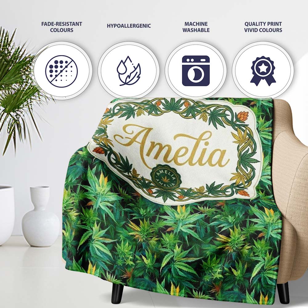 Dark Green Cannabis Jungle Dense Leaf Seamless Pattern Name Cute  Personalised Custom Name Super Soft Fleece Blanket Bed Sofa Throw