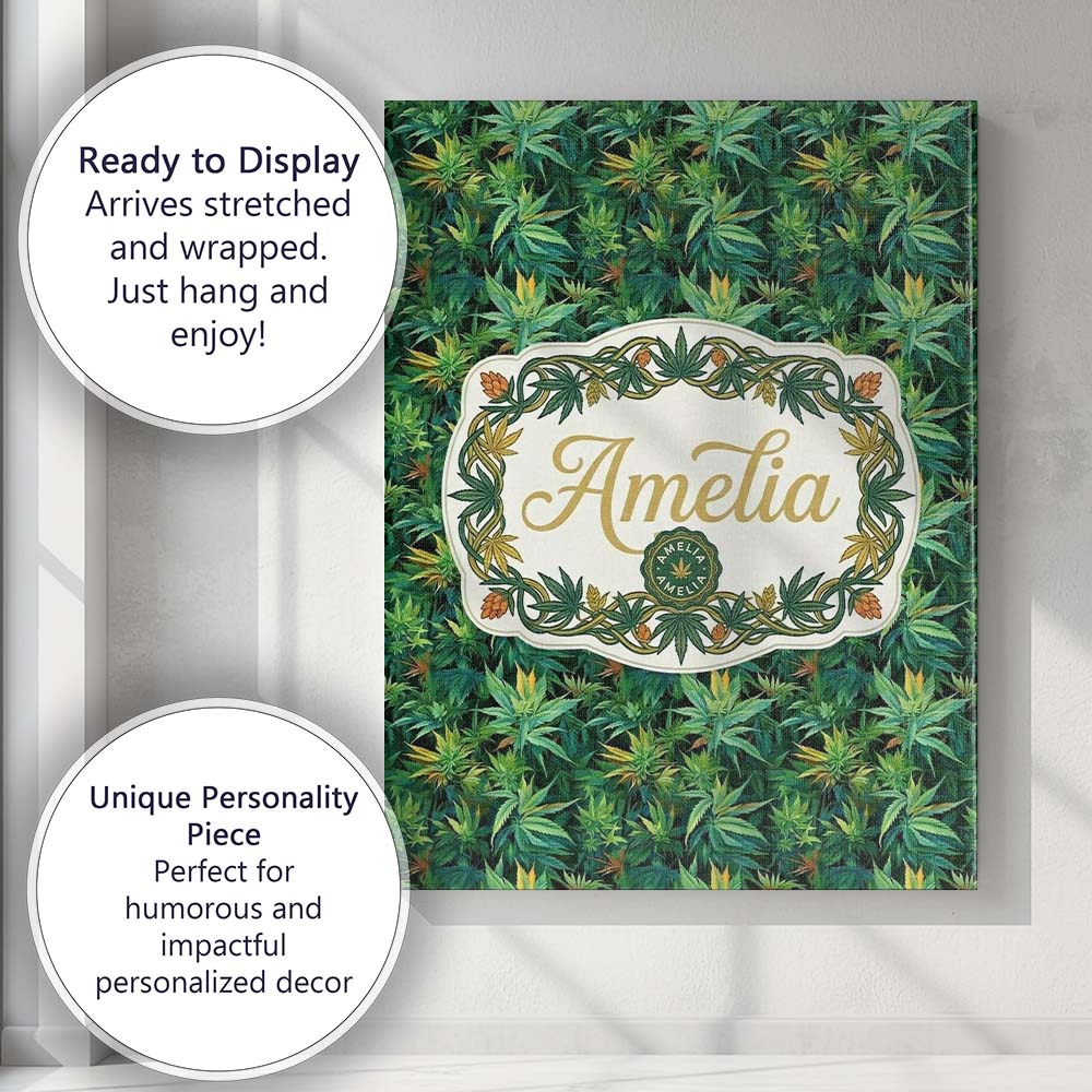 Personalised Name Dark Green Cannabis Custom Modern Room Accent Creative Decorator Style Canvas Wall Art Print Decor Picture Ready to Hang
