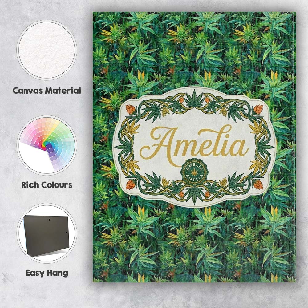 Personalised Name Dark Green Cannabis Custom Modern Room Accent Creative Decorator Style Canvas Wall Art Print Decor Picture Ready to Hang