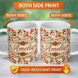 Personalized Custom Name Watercolor Santa Faces Poinsettia Flowers Christmas Soft Festive 11oz Ceramic Coffee Tea Mug White Large Handle