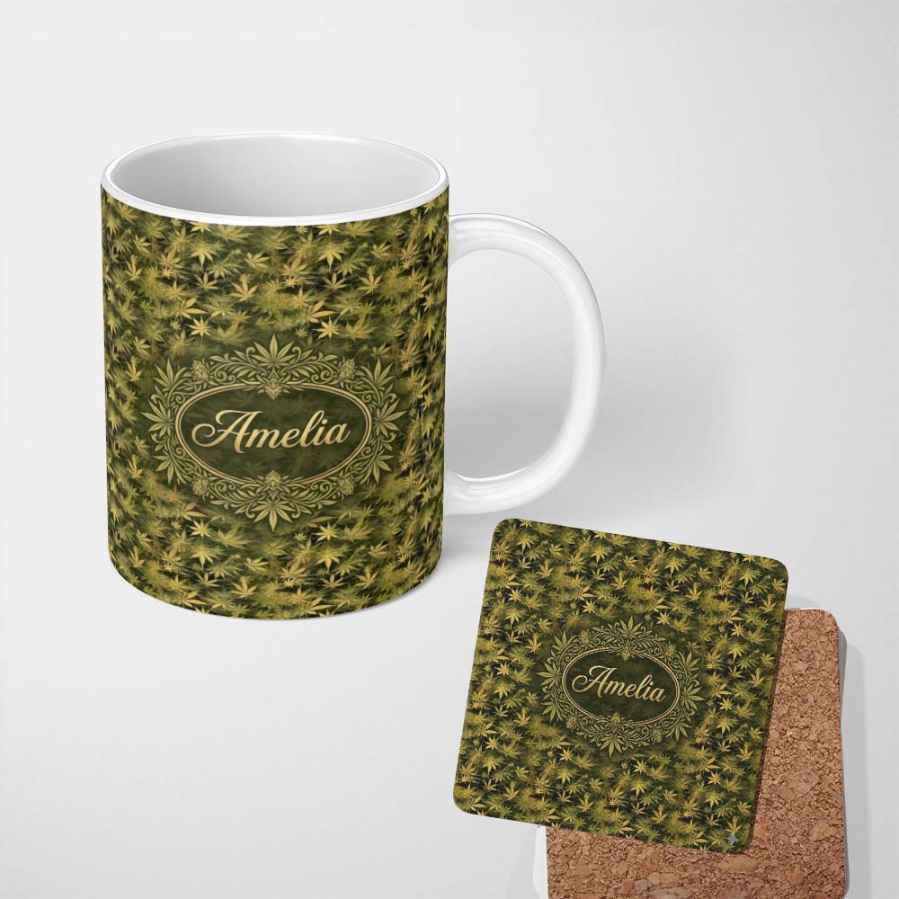 Personalized Custom Name Muted Olive Cannabis Leaf Vintage Style Seamless Pattern Name Cute 11oz Ceramic Coffee Tea Mug White Large Handle