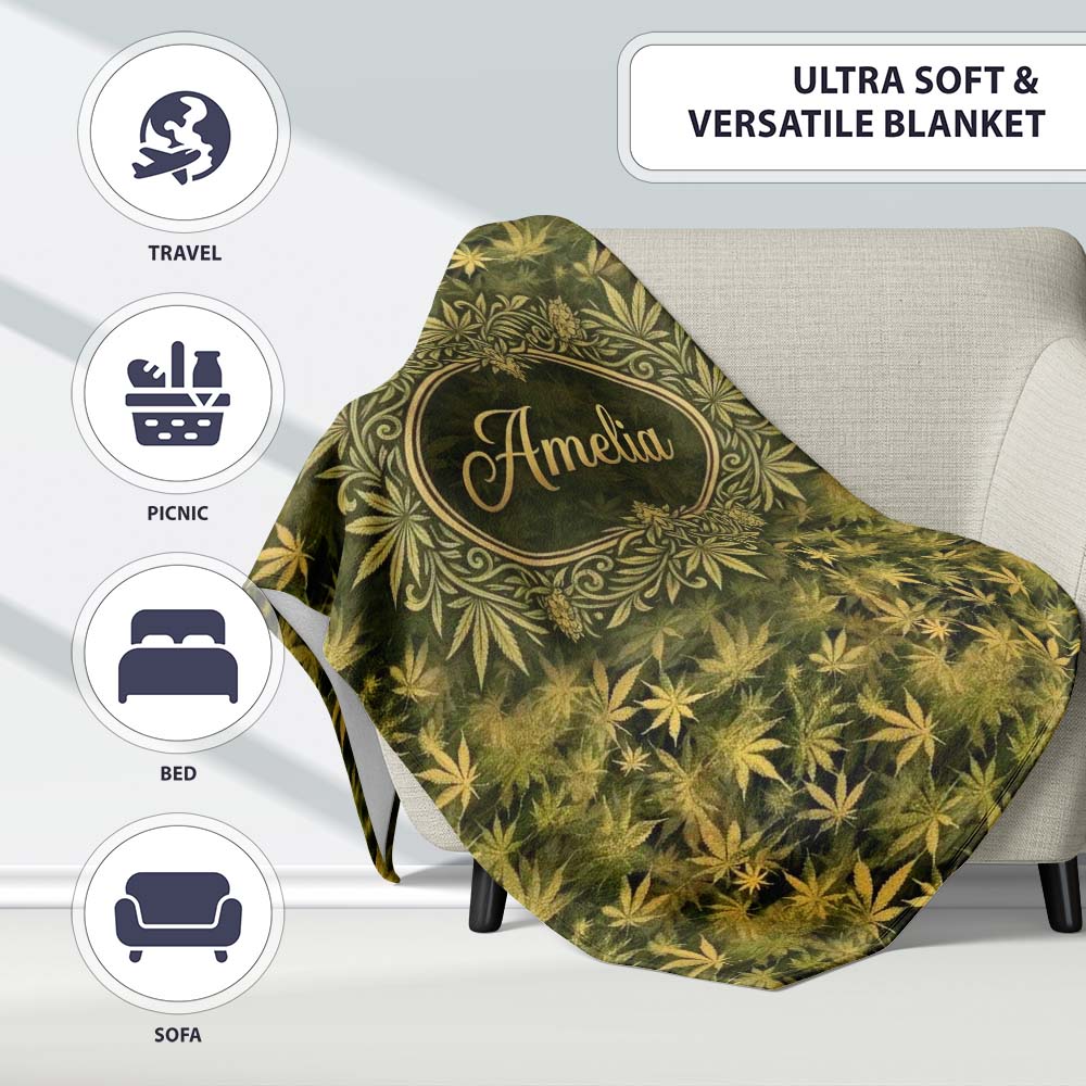 Muted Olive Cannabis Leaf Vintage Style Seamless Pattern Name Cute  Personalised Custom Name Super Soft Fleece Blanket Bed Sofa Throw