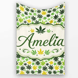 Green Yellow Cannabis Leaf Scatter Seamless Pattern Name Cute  Personalised Custom Name Super Soft Fleece Blanket Bed Sofa Throw