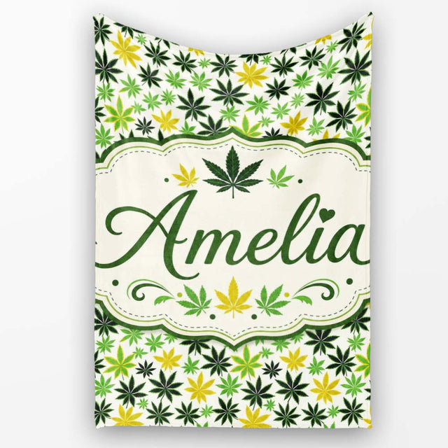 Green Yellow Cannabis Leaf Scatter Seamless Pattern Name Cute  Personalised Custom Name Super Soft Fleece Blanket Bed Sofa Throw