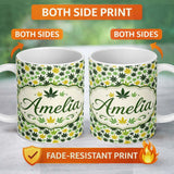 Personalized Custom Name Green Yellow Cannabis Leaf Scatter Seamless Pattern Name Cute 11oz Ceramic Coffee Tea Mug White Large Handle