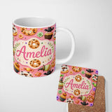 Personalized Custom Name Cute Halloween Donuts Sweet Spooky Treats Pink Background Seamless 11oz Ceramic Coffee Tea Mug White Large Handle