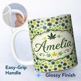 Personalized Custom Name Green Yellow Cannabis Leaf Scatter Seamless Pattern Name Cute 11oz Ceramic Coffee Tea Mug White Large Handle