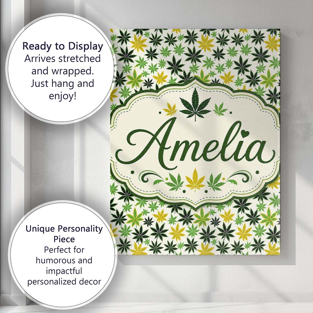 Personalised Name Green Yellow Cannabis Custom  Modern Room Accent Elegant Feature Canvas Wall Art Print Decor Picture Ready to Hang