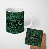 Personalized Custom Name Dark Green Cannabis Leaf Scatter on Black Seamless Pattern Name Cute 11oz Ceramic Coffee Tea Mug White Large Handle