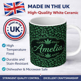Personalized Custom Name Dark Green Cannabis Leaf Scatter on Black Seamless Pattern Name Cute 11oz Ceramic Coffee Tea Mug White Large Handle