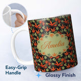 Personalized Custom Name Autumn Red and Green Cannabis Leaves Dense Seamless Pattern Name 11oz Ceramic Coffee Tea Mug White Large Handle