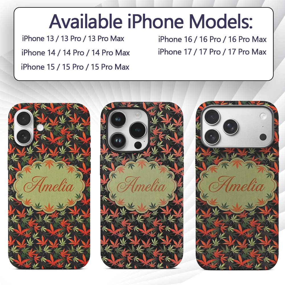 Autumn Red and Green Cannabis Printed Design Custom Name Protective Phone Case Mobile Cover Durable Everyday Smartphone Shock Resistant
