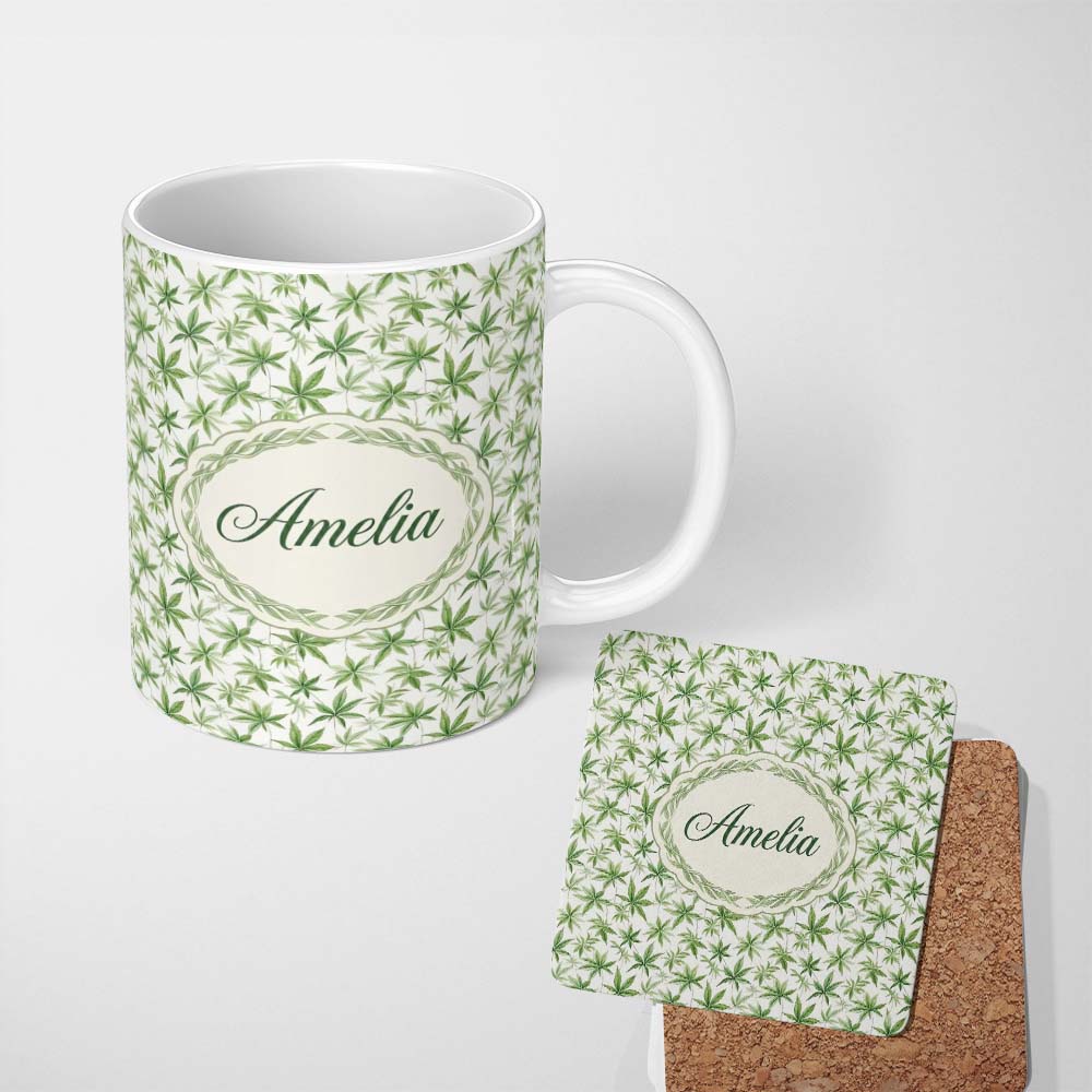 Personalized Custom Name Soft Green Cannabis Leaf Watercolor on White Seamless Pattern Name 11oz Ceramic Coffee Tea Mug White Large Handle