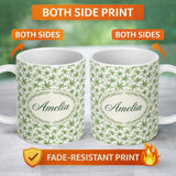 Personalized Custom Name Soft Green Cannabis Leaf Watercolor on White Seamless Pattern Name 11oz Ceramic Coffee Tea Mug White Large Handle