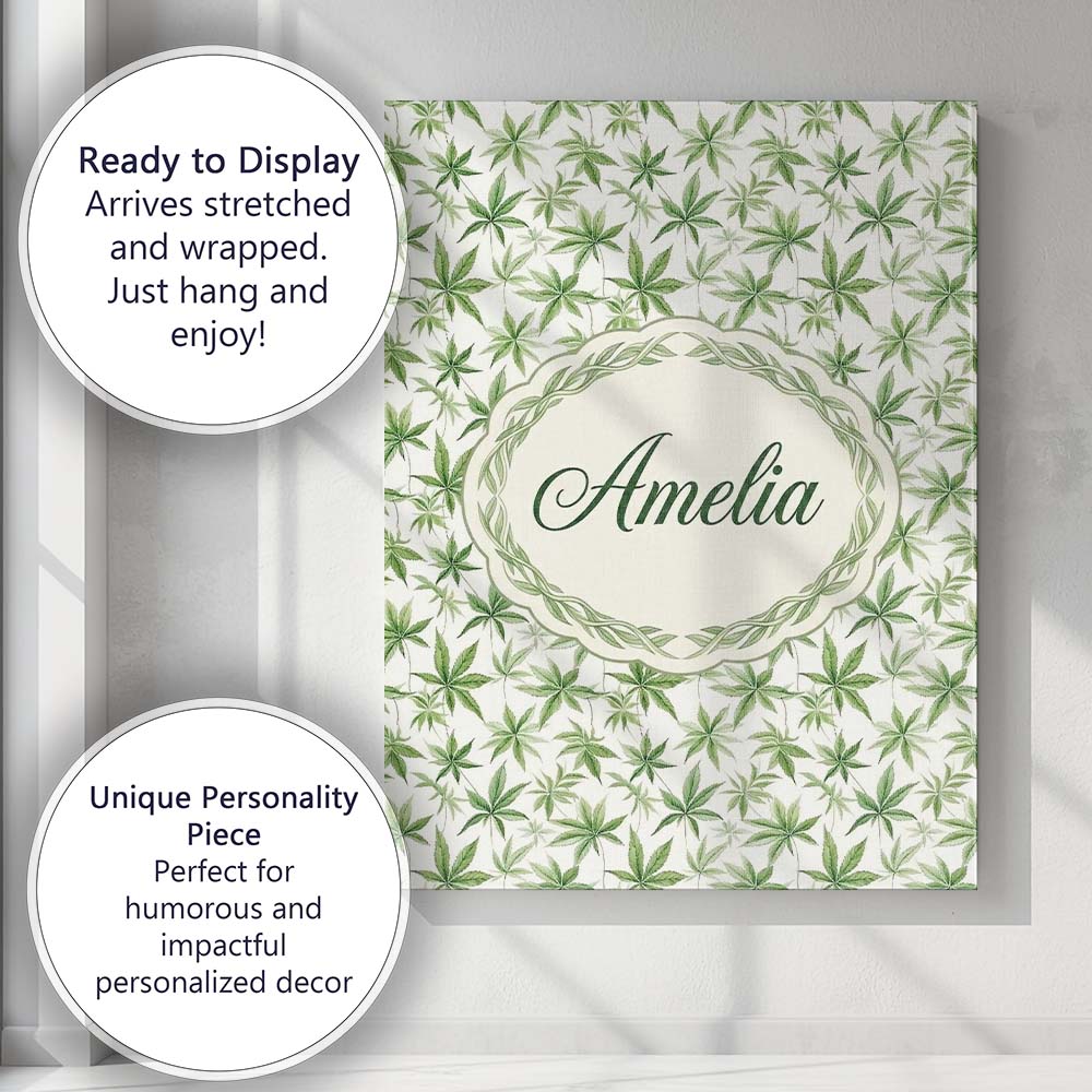 Personalised Name Soft Green Cannabis Leaf Custom  Unique Gift Idea Elegant Feature Canvas Wall Art Print Decor Picture Ready to Hang