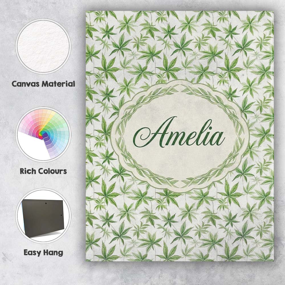 Personalised Name Soft Green Cannabis Leaf Custom  Unique Gift Idea Elegant Feature Canvas Wall Art Print Decor Picture Ready to Hang