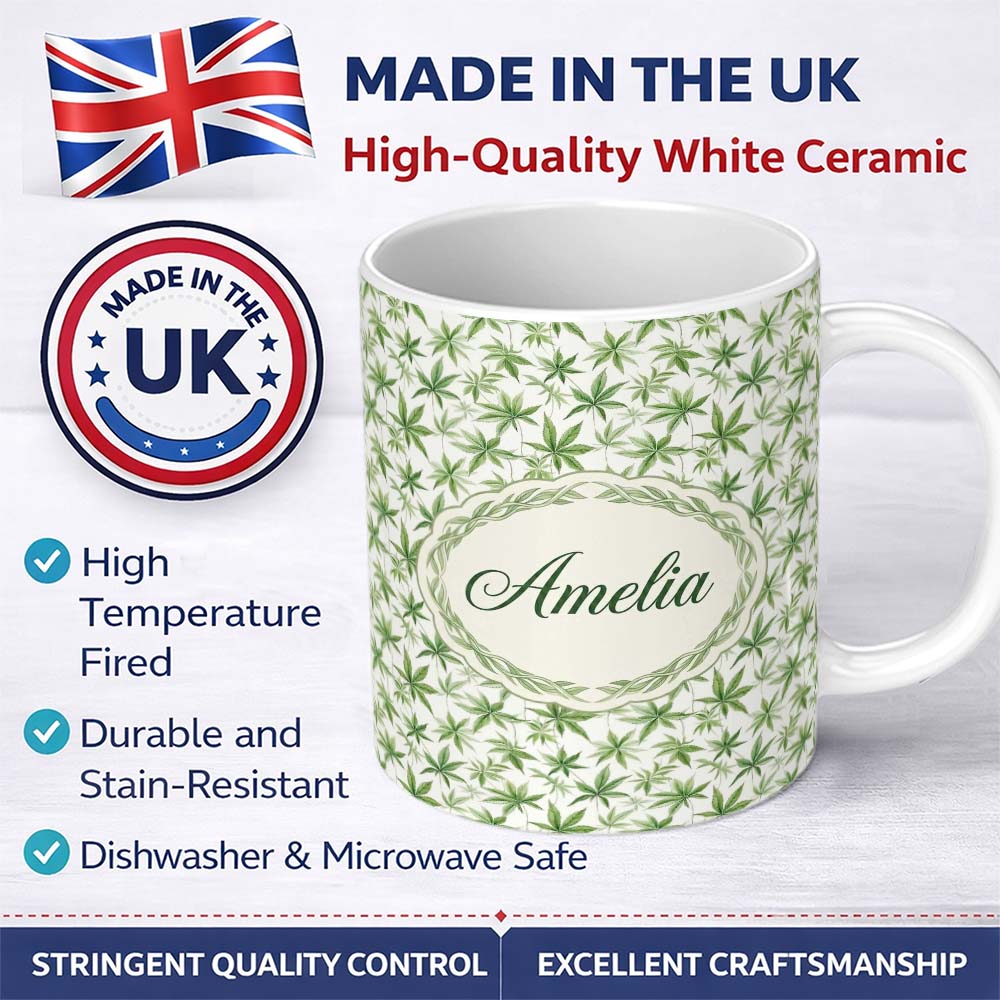 Personalized Custom Name Soft Green Cannabis Leaf Watercolor on White Seamless Pattern Name 11oz Ceramic Coffee Tea Mug White Large Handle