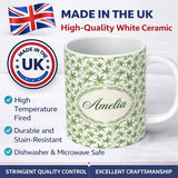 Personalized Custom Name Soft Green Cannabis Leaf Watercolor on White Seamless Pattern Name 11oz Ceramic Coffee Tea Mug White Large Handle