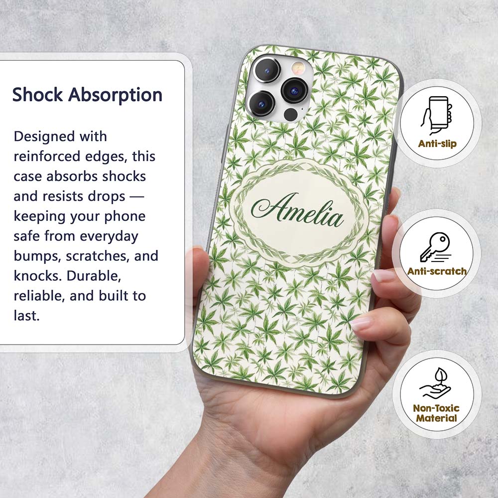 Soft Green Cannabis Leaf Watercolor on White Custom Name Protective Phone Case Mobile Cover Durable Everyday Smartphone Shock Resistant