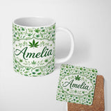 Personalized Custom Name Botanical Mixed Green Leaves and Cannabis Seamless Pattern Name Cute 11oz Ceramic Coffee Tea Mug White Large Handle